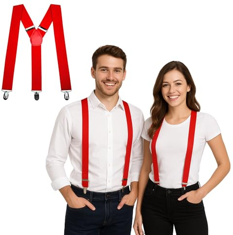 FNA FASHIONS Mens Ladies Unisex Adjustable Slim Braces Trouser Suspenders Clip On Fancy Dress (Red)