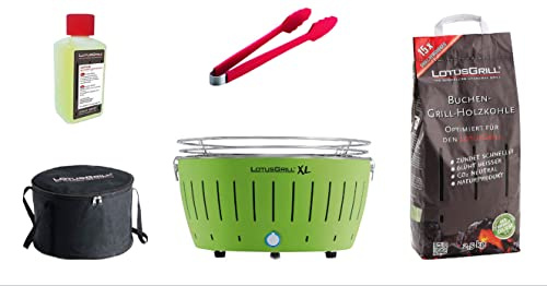 LotusGrill XL startset 1 x XL grill, limegrön med USB-anslutning, 1 x bokträkol 2,5 kg, 1 x brännpasta 200 ml, 1 x tång, 1 x transportbärväska XL – rökcharmen träkolgrill