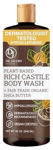 Dr. Jacobs Naturals Pure Castile Liquid Soap - No Palm Oil and NON-GMO - Natural Face and Body Wash, 32 oz. - Free of Parabens, Sulfates, Synthetics, Gltuen, Shea Butter 32 oz.