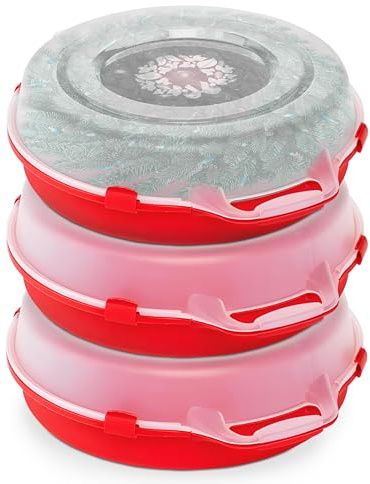 HOMZ 3-Pack 24 Inch Seasonal Holiday Clear Plastic Wreath Storage Containers, Red – Stackable Decoration Organizer Bins with Lids and Handles for Christmas Wreaths and Garlands