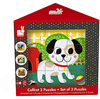 Janod Set mit 3 Puzzles aus Holz, 9 Teile, Tornado, Titus und Felix, Lernspiel für Kleinkinder, Lernen der Feinmotorik und Konzentration, ab 18 Monaten, J07076