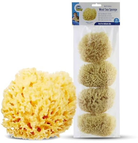 Baby Buddy Absorbent Natural Bath Sponge, Ultra Soft Premium Sea Wool Sponge, Soft On Baby's Tender Skin, Bath Accessories Baby and Kids, Infant Bath, Biodegradable, Hypoallergenic, 4 Pack, 4.5 in
