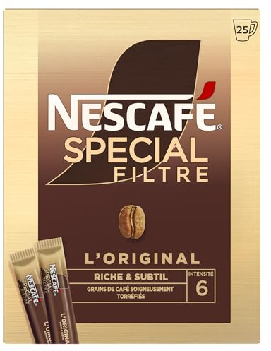 NESCAFE SPECIAL FILTRE L'Original - Café Soluble Instantané - Intensité 6 - Grains Arabica & Robusta - Boîte De 25 Sticks x 2 g