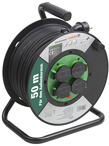 Meister Kabeltrommel H05RR-F3G1,5, IP44 - 50 m Kabel - Thermoschutz-Schalter - Outdoor / Kabelrolle mit 4 Schuko-Steckdosen / Kabelbox mit Verlängerungskabel / Leitungsroller mit Kurbel / 7435870