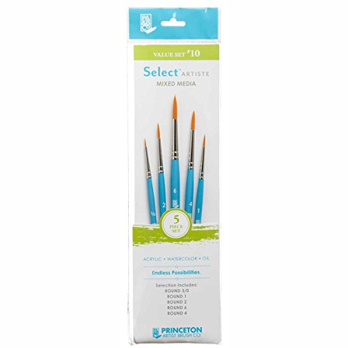 PRINCETON ARTIST BRUSH CO. PRINCETON SelectArtiste, Pinceles para multi-técnica de bellas artes, Sintético, Redondo, Mango Corto, Bolsa de plásico, 5 unidades