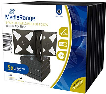 MediaRange CD Jewelcase for 4 Discs, 22mm, Black Tray, Pack 5