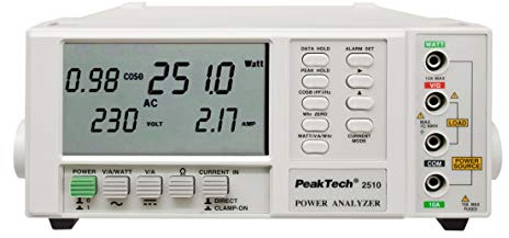 PeakTech P 2510 Leistungsanalysator, Wattmeter, Strommessgerät 1 Phasen Leistungsanalysator bis 1000 kW, Anzeige bis 10000 kWh mit RS-232, Cos Phi, Frequenz, Widerstand, 600 V AC, 1000 A AC DC