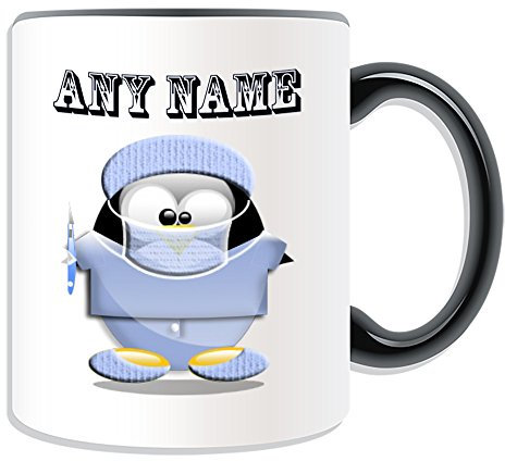 Regalo personalizzato – chirurgo con bisturi Tazza (Pinguino in costume, motivo design, colori) – Qualsiasi nome/Messaggio sul tuo unico – Camice Medico Uniforme, Ceramica, nero