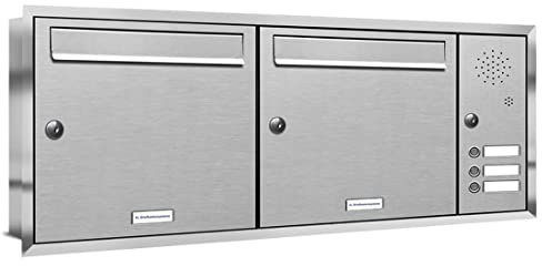 AL Briefkastensysteme, 2er Unterputzbriefkasten, Doppel-Briefkasten mit Klingel, 2 Fach, Briefkastenanlage modern, rostfrei Edelstahl Postkasten