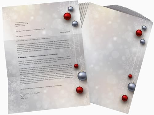 Weihnachtsbriefpapier | Weihnachtskugeln Rot und Silber | 50 Blatt weihnachtliches Motivpapier DIN A4 | Briefpapier