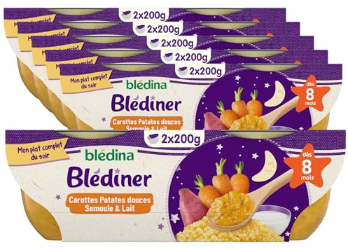 Blédina - Blédîner - Plat du soir bébé inspiré du fait maison - Carottes Patates Douces Semoule lait - Dès 8 mois - 12 bols de 200g