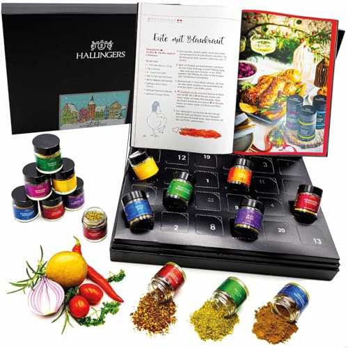Hallingers Genuss Manufaktur Gewürz Adventskalender - 24 Gewürze aus aller Welt in edler Box mit Rezept-Booklet Winterkalender ... Bundle mit Kochbuch, Weihnachtskalender für Frauen Männer