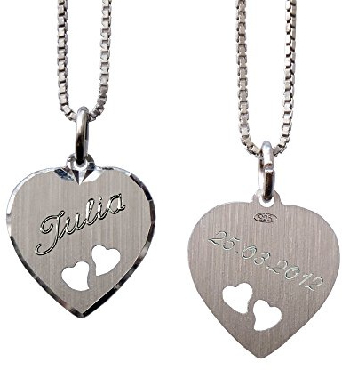 Silber Herz Anhänger für Kinder + Kette + Gravur: Vorderseite: 1 Vorname ODER Vorderseite: 1 Vorname + Rückseite: 1 Datum