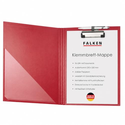 FALKEN Klemmbrett-Mappe DIN A4 rot mit Tasche im Vorderdeckel | Made in Germany und Stiftehalter farbiger Papierbezug innen und außen Blauer Engel ideal für Inventur und Lagerwirtschaft