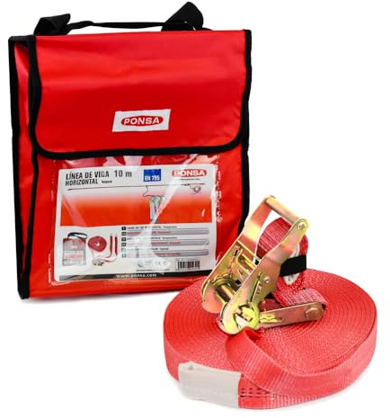 PONSA – LÍNEA DE Vida Horizontal Temporal – Linea DE Vida portátil con Sistema DE Tensor. Incluye una Bolsa para Guardar el sobrante de Cinta. (10 M)