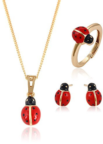 XUPING a Forma di Coccinella Baby Gioielli Coccinella Orecchini Ciondolo con Catena e Coccinella Anelli per Bambini Gioielli Sets