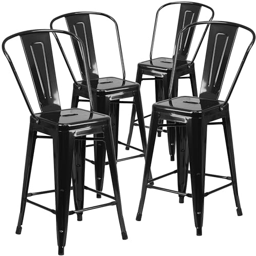Flash Furniture Lily Hocker in handelsüblicher Qualität, 61 cm hoch, Metall, für drinnen und draußen, mit Abnehmbarer Rückenlehne, Schwarz, 4 Stück
