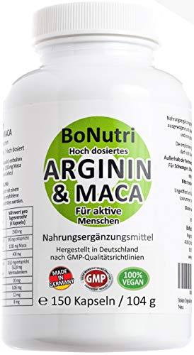 Maca 3600 mg & Arginin 3000 mg 150 Kapseln Deutsche Qualität Ohne Magnesiumstearat Vegan Gluten-/Laktosefrei