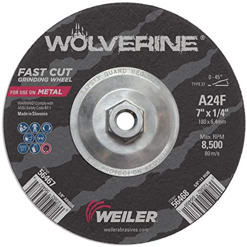 Weiler 56468 7 X 1/4 Wolverine Type 27 Grinding Wheel, A24R, 5/8-11 Nut (Pack of 10)