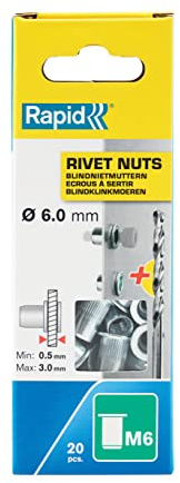 Rapid - Écrous à Sertir M6 en Acier - 20pcs avec Foret | Pour Fixation par 1 Seul Côté - Idéal pour les Matériaux Très Fins - Plage de serrage 0.5-3.0mm - Boîte carton (5000673)