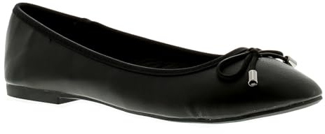 Platino Brittany Women's Ballerina Shoes - Black PU Slip On Ballet Flats with Shoestring Bow & Gunmetal Fittings, Comfortable Flat Work, Office, School & Casual Dress Shoes, Size 3 4 5 6 7 8 9