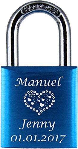 ♥ LoveGoals Liebesschloss mit Gravur | individuell graviert | Geschenkidee für Paare & Verliebte | hochwertige Geschenkverpackung | Schloss mit 2 Schlüsseln | eloxiert | Motiv M013 (Blau)