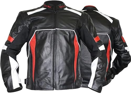 German Wear Lederjacke Motorradjacke aus Rindsleder Kombijacke, Schwarz/Rot/Weiss