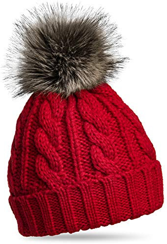 Caspar MU104 Damen Strickmütze mit Fellbommel, Farbe:rot, Größe:One Size
