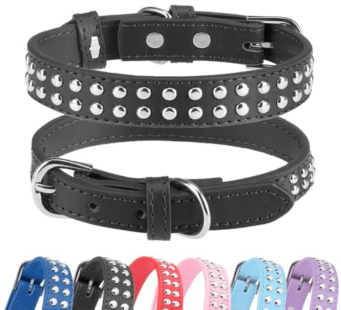 BINGPET Adjustable Leather Dog Collar – Durable Studded Real Split Pet Collar with Metal Buckle & D-Ring for Small, Medium & Large Dogs – Black M