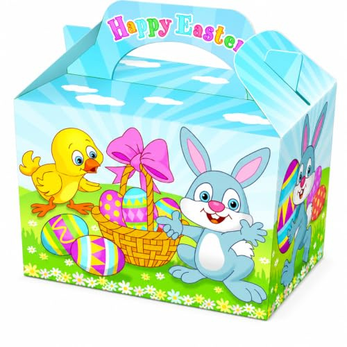 Easter Party Food Boxes with Handles – Easter Egg Hunt Treat Boxes, Easter Bunny & Chick Gift Boxes for Children, Party Favours, Sweets, Snacks & Gifts – 15 x 10 x 12cm