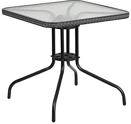 Flash Furniture Barker 28'' Square Tempered Glass Metal Table with Gray Rattan Edging