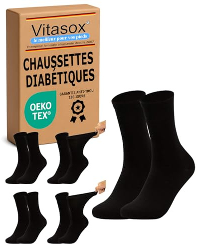 Vitasox Chaussettes diabetiques, bas de santé pour homme, 4 paires Noir - 39-42, Taille extra large sans caoutchouc, avec tige large pour éviter d’interrompre la circulation sanguine