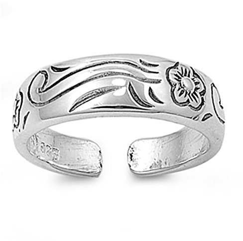 Zehenring aus 925 Sterling Silber als Fußschmuck oder Fingerring für Damen, Herren und Kinder, offener Midi Ring, verstellbar, Blume 6
