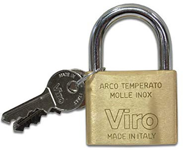 Viro | Lucchetto Rettangolare Antiscasso in Ottone Massiccio Satinato, Base 30mm, Corpo Resistente e Arco in Acciaio Cementato