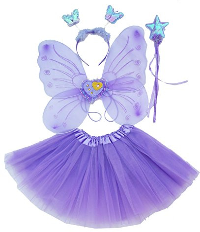 Fun Play TOWO Deguisement de Clochette fée Papillon - Ailes, Baguette, Serre-tête et Tutu - Déguisement Papillon pour Enfants 3-8 Ans -Couleur Violet
