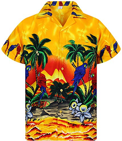 V.H.O. | Funky Hawaii-skjorta | Herr | Kortärmad | Framficka | Hawaii-tryck | Papegoja strandblommor palmer, Parrot gul, 3XL