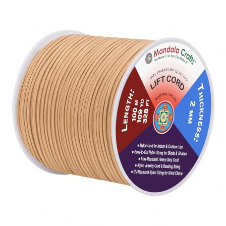 Mandala Crafts 2mm Tan Blind Strings Lift Shade Cord, 109 Yards | Braided Nylon Cord for Roller & Roman Shades, Venetian Blinds Repair, Replacement, Curtain String, Indoor & Outdoor Use