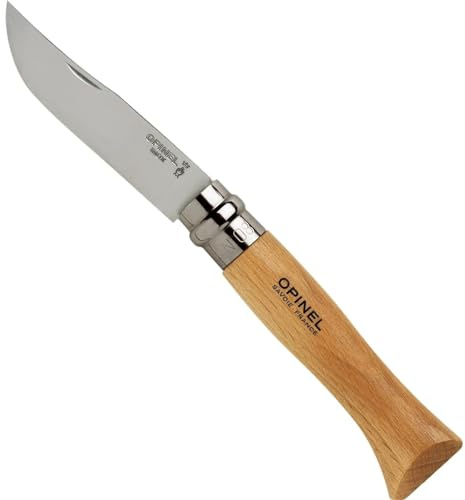 Opinel No. 08 INOX - Sandvik Stainless Steel Folding Pocket Knife, Beechwood Handle, 3.28 in Blade, Virobloc Safety Locking Collar, Made in France
