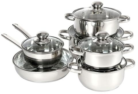 BURI Set de Ollas de Acero Inoxidable 12-tlg. con Tapa de Cristal Batería de Cocina Olla Sopa Sartén