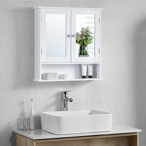 Bath Vida Double Door Bathroom Cabinet, Wood, White, Mirrored Wall Mounted Storage Furniture