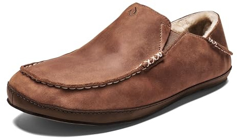 OluKai Moloa Slipper, Men's Premium Leather Slip-On Shoes, Soft Genuine Shearling Lining & Gel Insert, Drop-In Heel & All-Day Comfort, Toffee/Dk Wood, 11