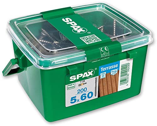 SPAX Terrassenschraube, 5 x 60 mm, 200 Stück, Fixiergewinde, Zylinderkopf, T-STAR plus T25, CUT-Spitze - 4507000500609