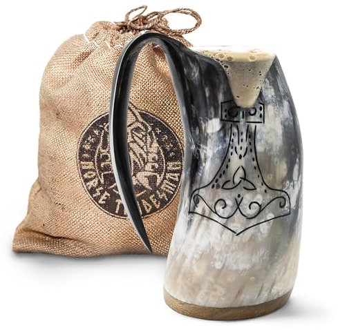 Norse Tradesman Genuine LG Viking Drinking Horn Mug - 100% Authentic Beer Horn Tankard with Thor's Hammer Engraving | The Mjolnir, Polished, Approx. 500 MLS,