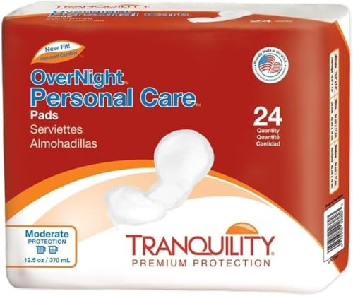 Tranquility Incontinence Personal Care Pads, Overnight Protection, Promote Dryness and Protect Against Leakage, Soft Lining& Adhesive Strip for Secure Fit in Underwear, 12.5oz Capacity, 24ct Bag