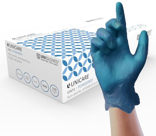 Unigloves Unicare Blue Vinyl GS0094 Single Use - Multipurpose, Lightly Powdered, Latex Free Disposable Gloves, Box of 100 Gloves, Blue, Large