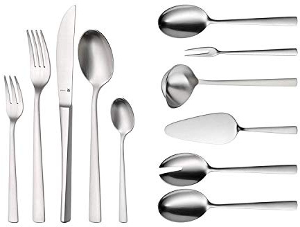 WMF Corvo Besteck Set 12 Personen, 66 teilig, 60 Teile mit Servierbesteck, Hohlheftmesser, Cromargan protect mattiert, kratzbeständig, spülmaschinenfest