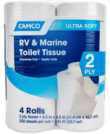 Camco Marine & RV Toilet Paper — 2-Ply — Septic Safe — Dissolves Fast — Dye & Fragrance Free — 4-Rolls (500 Sheets Per Roll) (40274)