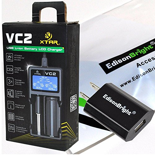 XTAR VC2 universal USB powered smart battery Charger For Li-ion / IMR 10440/14500/14650/16340/17500/17670/18350/18500/18650/ 18700/ 22650/25500/26650 3.6/3.7V types with EdisonBright brand USB power adapter bundle