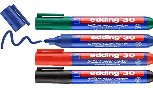 edding 30 Brillant-Papiermarker - bunte Farben - 4 Permanent Marker wasserfest - Rundspitze 1,5-3 mm - leuchtende Farben - lichtbeständige Markierung auf Papier, Karton, Kunststoff, Metall oder Glas