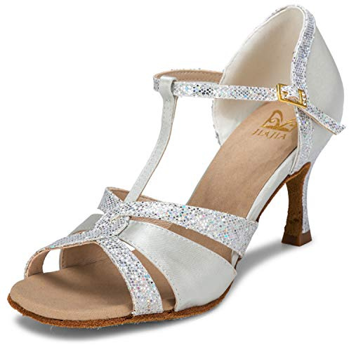 JIAJIA 20519 Women's Satin Sandals Flared Heel Latin Salsa Performance Dance Shoes Colour Silver,Size 5 UK/38 EU